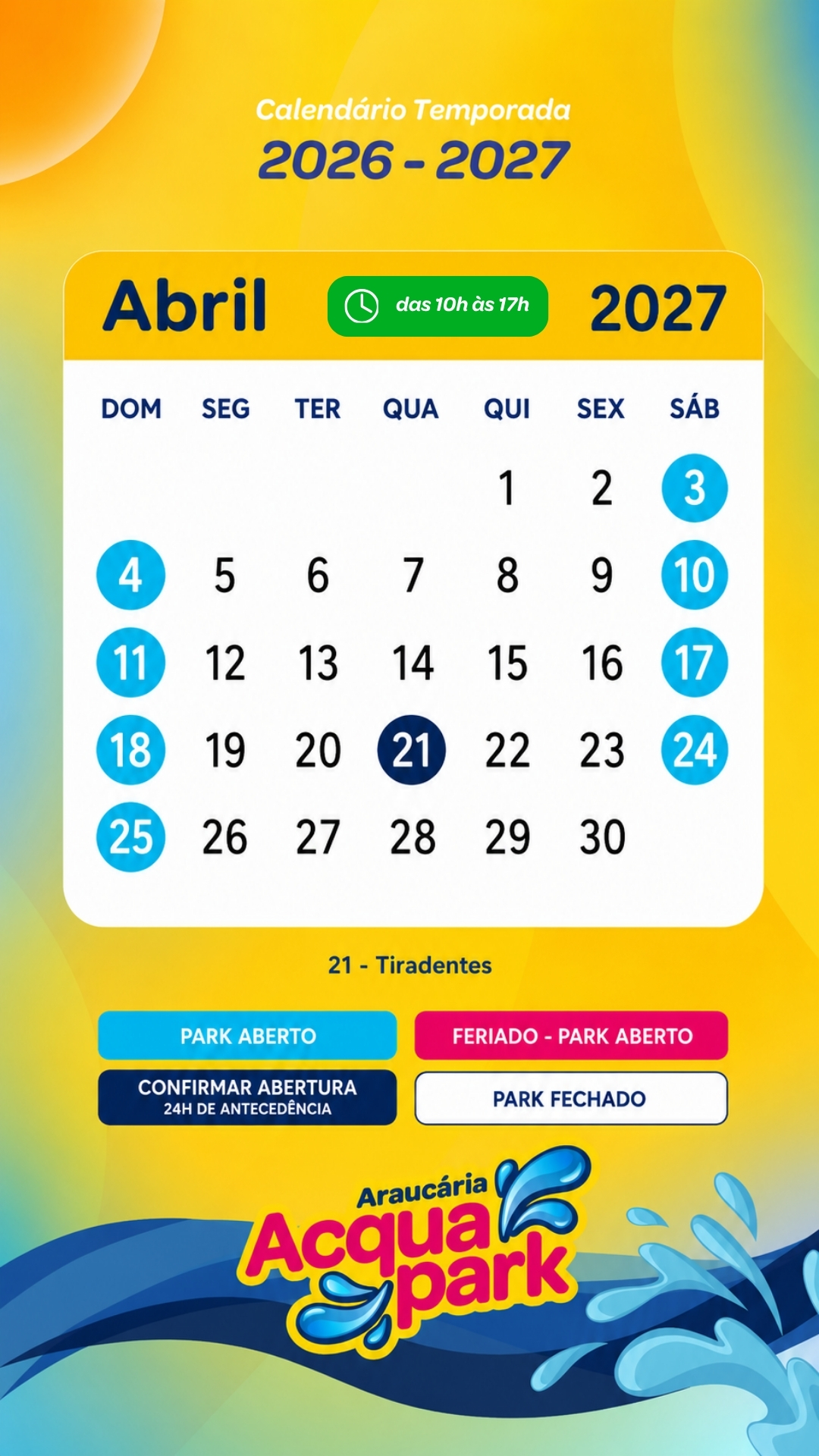 Calendário de Abril de 2027 do Araucária Acqua Park