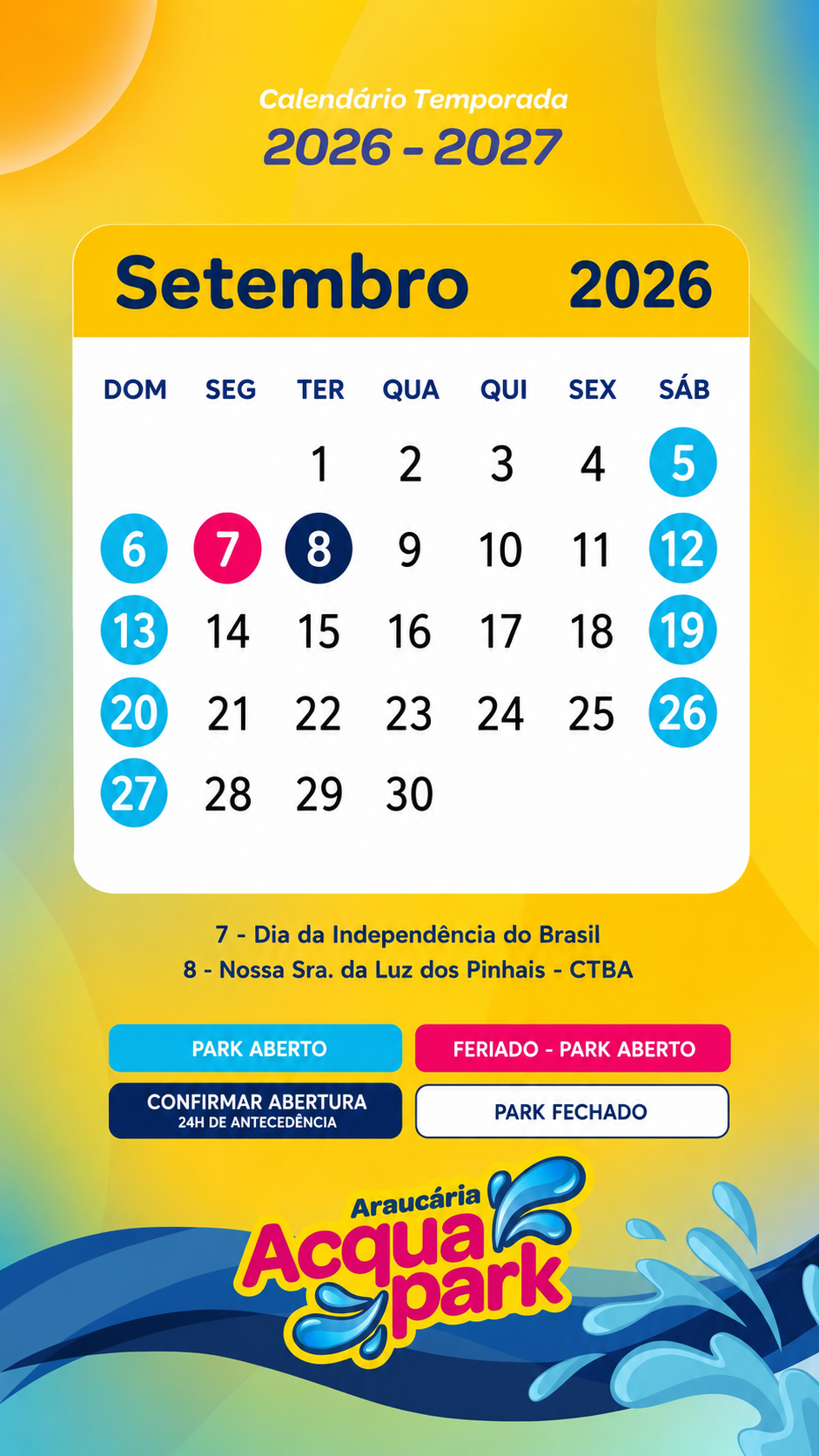 Calendário de Setembro de 2026 do Araucária Acqua Park